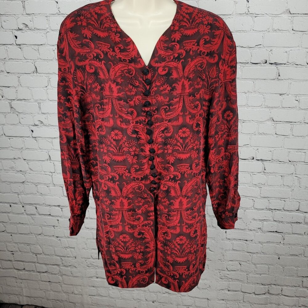 Dana Buchman Black & Red 100% Silk Floral Slits Lightweight Lined Dress Size 10